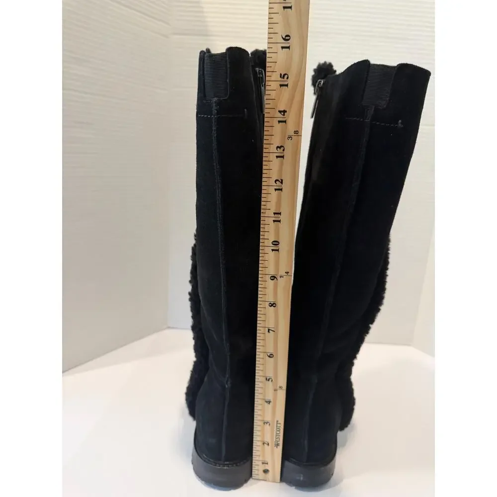 Aquatalia Cheyenne Black Lug Sole Suede Shearling Fur Lined‎ Boots Italy Sz 7M